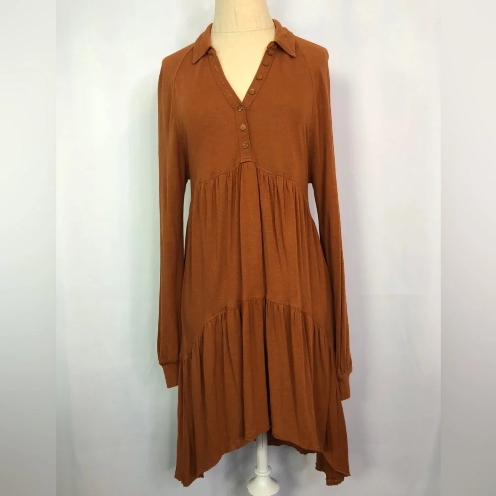 Free People Tiered Keyhole Boho Rayon Blend Long Sleeve Dress Rust Size XS